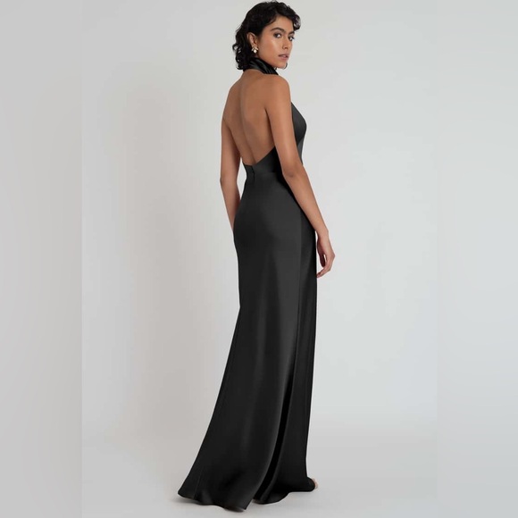 Jenny Yoo Black Luxe Satin Halter Neck Low Back Nicole Gown - Picture 2 of 13